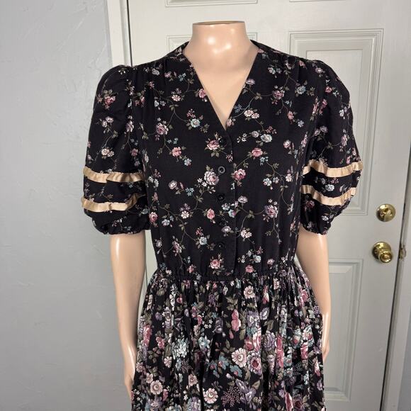 Vintage 70s JCPenney Women's Dress Prairie Floral Cotton Party Button I4-18 - Picture 2 of 7